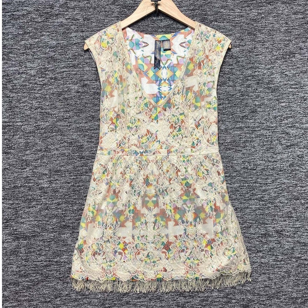 Petticoat Alley Mini Dress‎ Womens Medium Cream Lace Geometric Fringe Boho Indie
